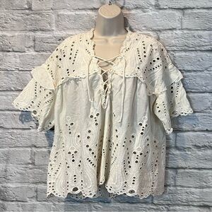 IRO Women's Small(36) Ivory Eyelet Scalloped Edge Peasant Blouse Top
